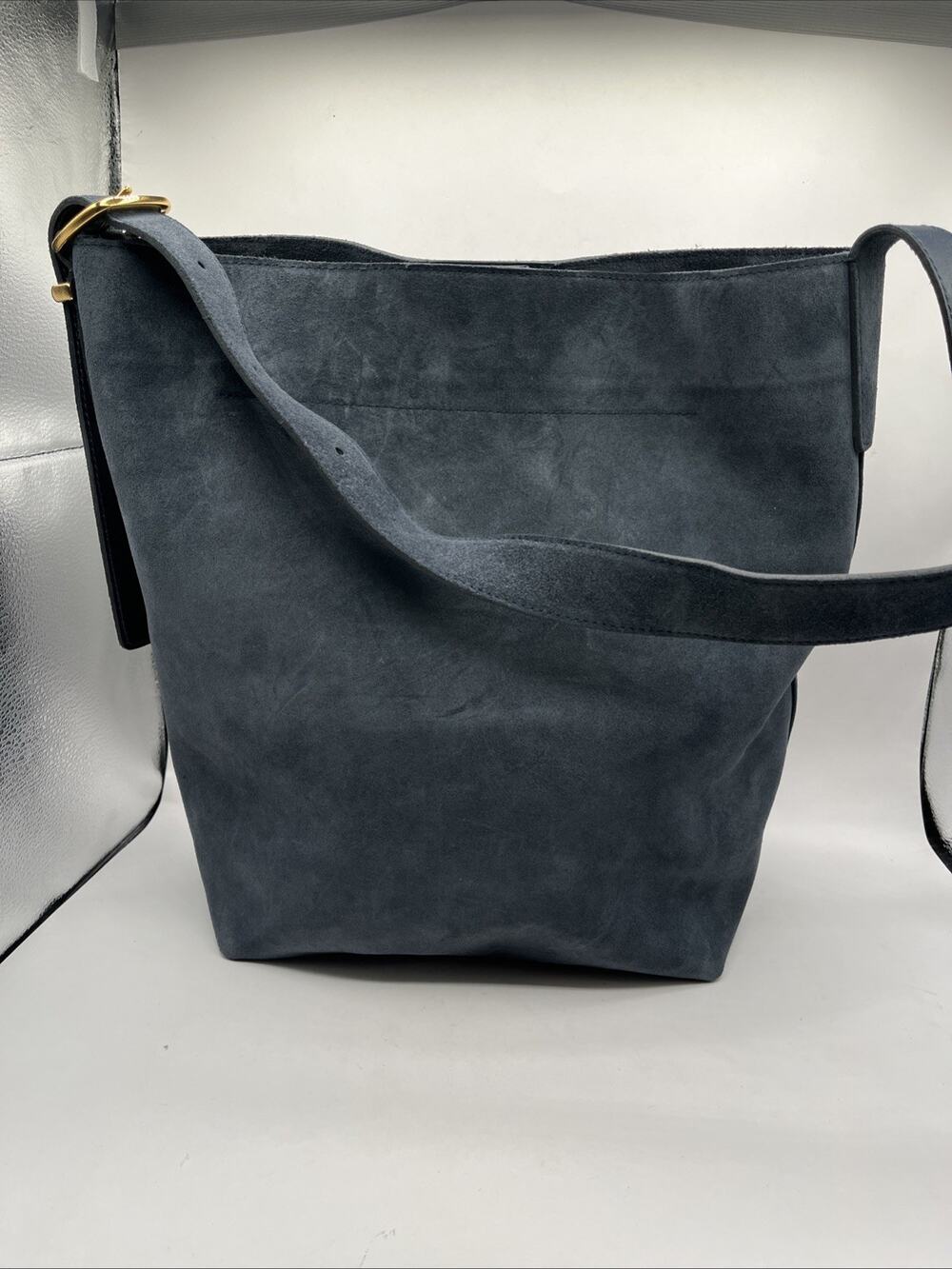 Madewell The Essential Suede Leather Bucket Tote Bag Deep Indigo Navy Blue NWT